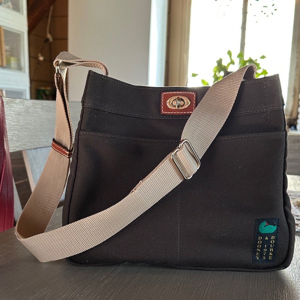 Dooney & Bourke Chocolate Brown Canvas Crossbody with Tan Strap and leather trim